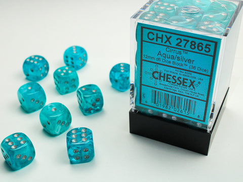 Chessex Cirrus Aqua/silver 12mm d6 Dice Block (36 dice)