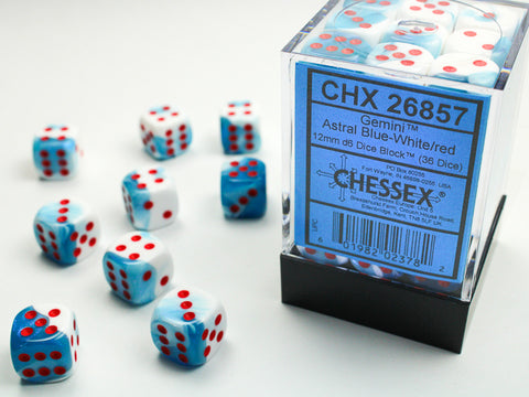 Chessex Gemini Astral Blue-White/red 12mm d6 Dice Block (36 dice)