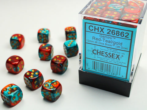 Chessex Gemini Red-Teal/gold 12mm d6 Dice Block (36 dice)